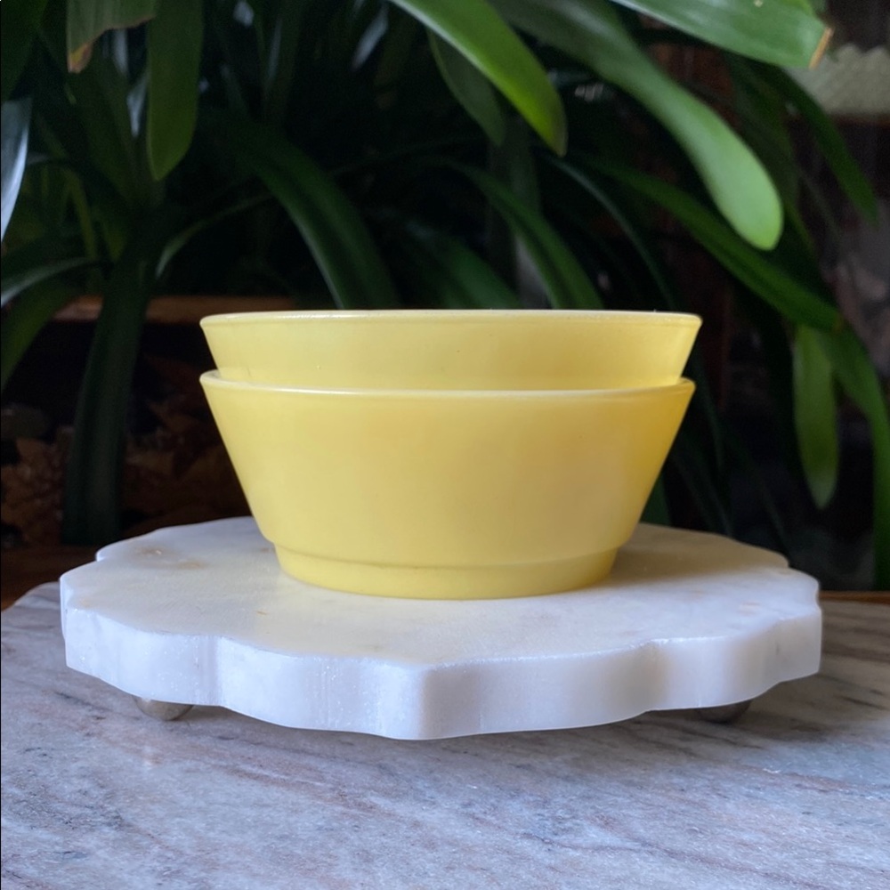 1950’s Pair of Fire King Anchor Hocking Glass Yellow 5” Cereal Bowls Vintage Set